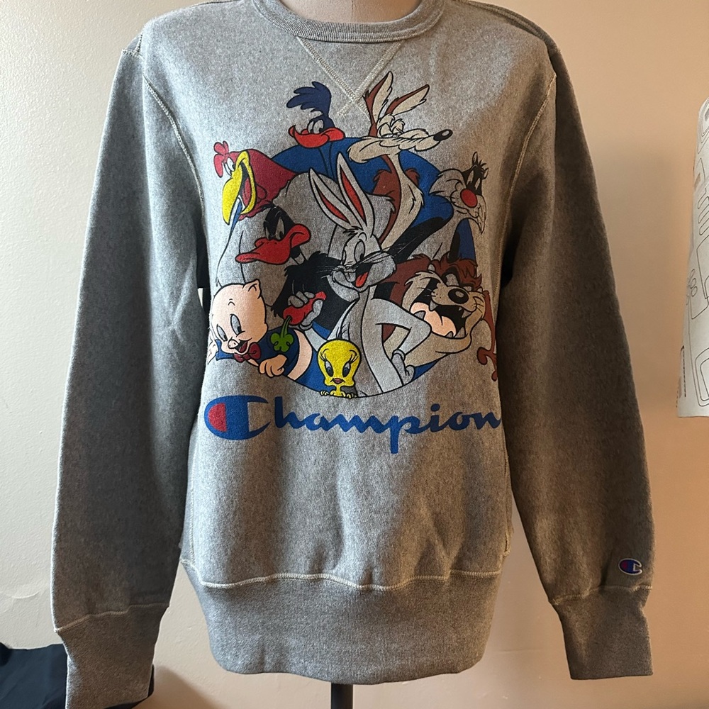 Champion Gray Men's Crewneck Sweater with Looney Tunes